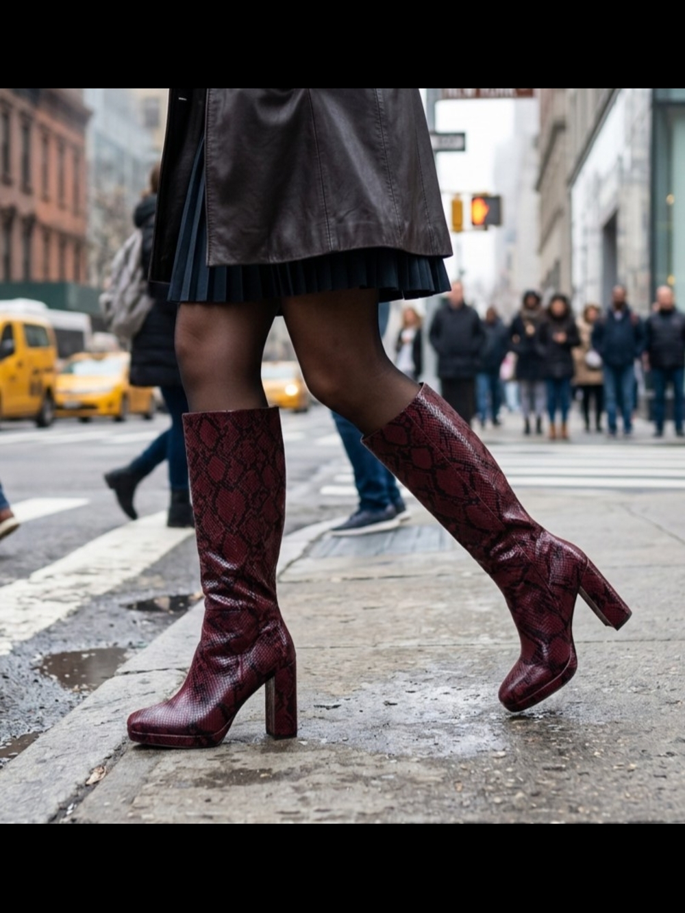 Charlies Burgundy Snake-Print Knee Boots with Block Heel